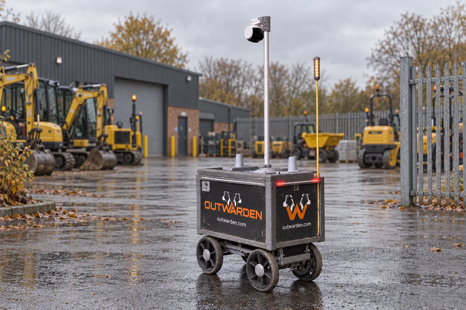 Outwarden security robot on wet tarmac in a plant hire depot, with yellow mini excavators and a palisade fence behind