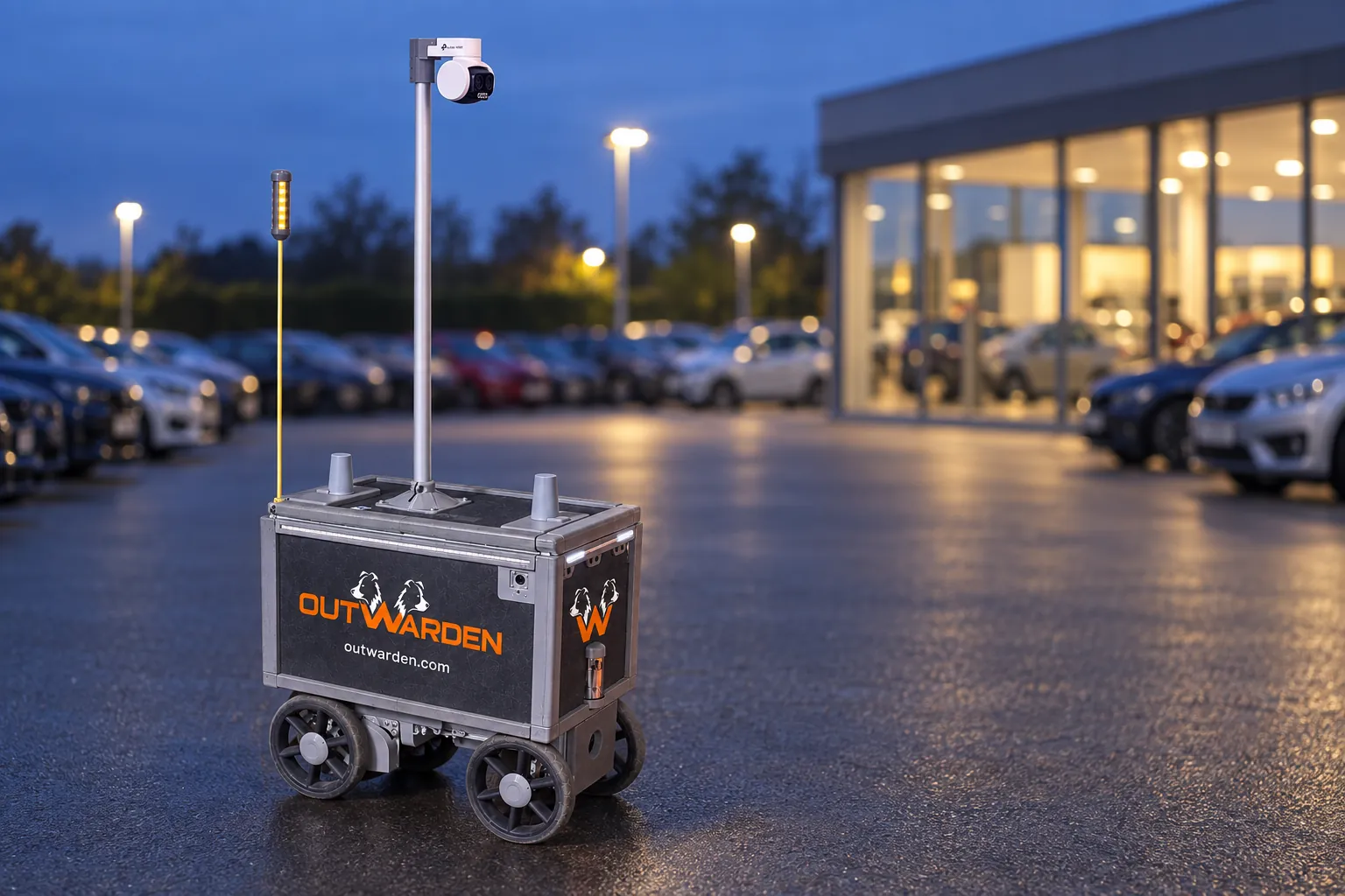 Outwarden security robot on a wet vehicle forecourt at dusk, with rows of parked cars and a lit showroom behind