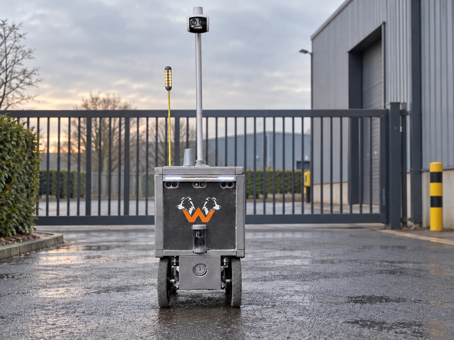 Outwarden security robot facing the camera on wet tarmac in front of a closed steel gate at a warehouse yard